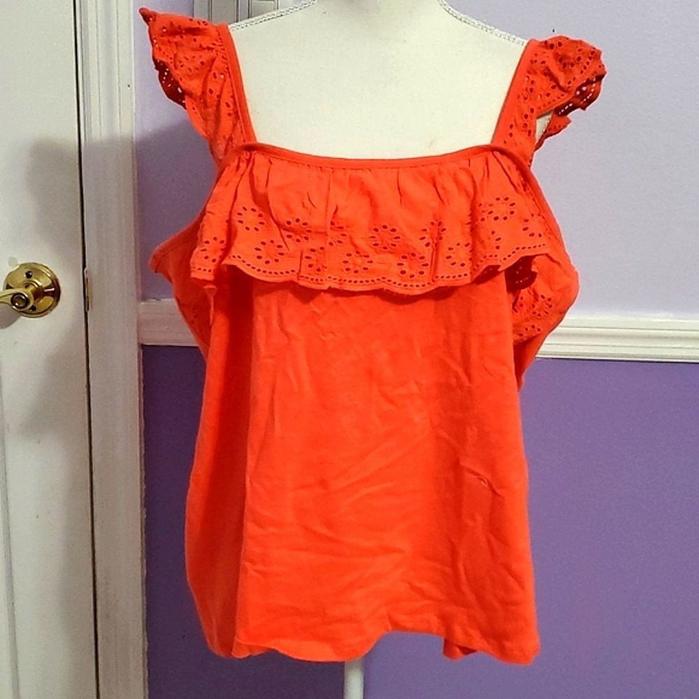 Inner Circle Orange Boho Prairie Ruffly Laced Eyelet Flare Sleeveless Top 2X